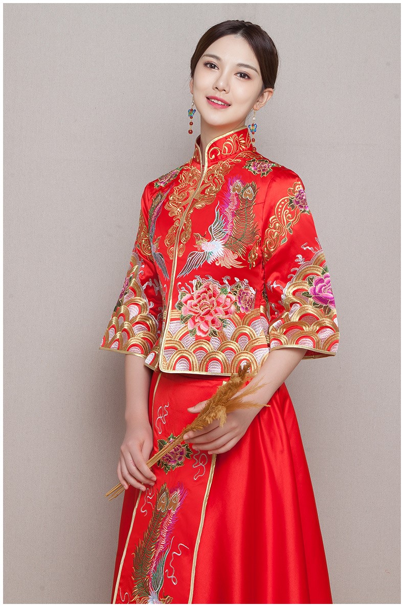 牡丹鳳凰刺繡新娘禮服，唯美中式禮服