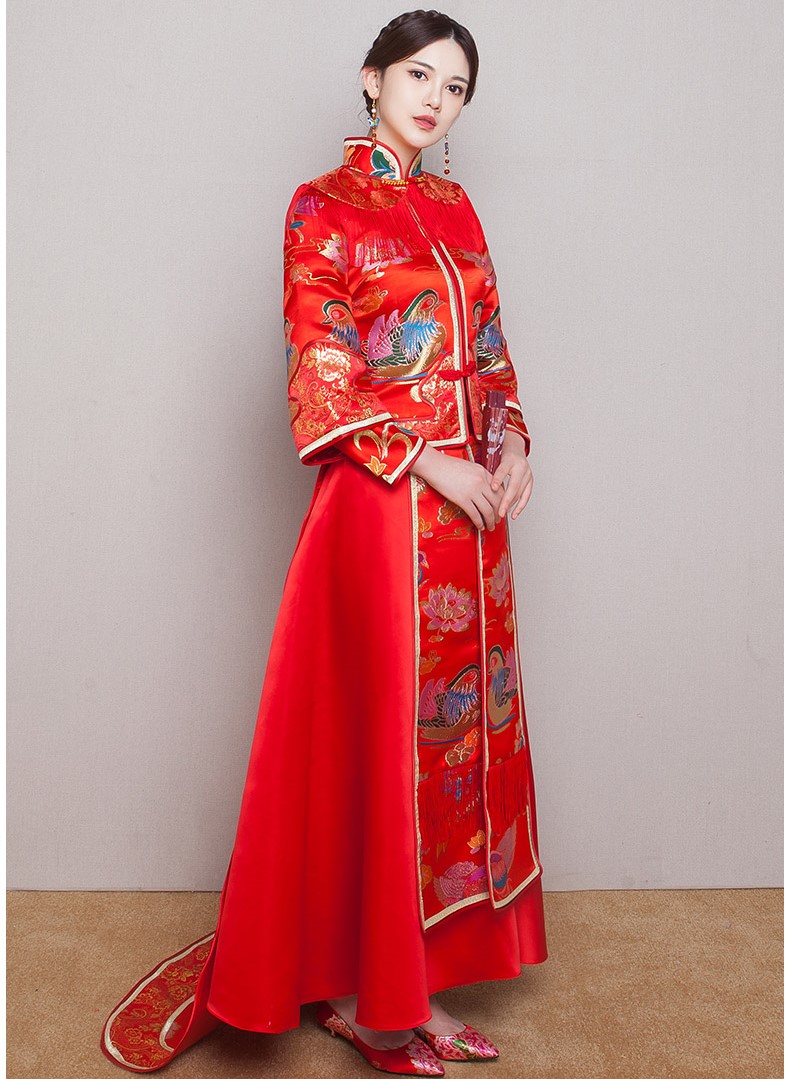 鴛鴦戲水新娘禮服，唯美流蘇中式禮服