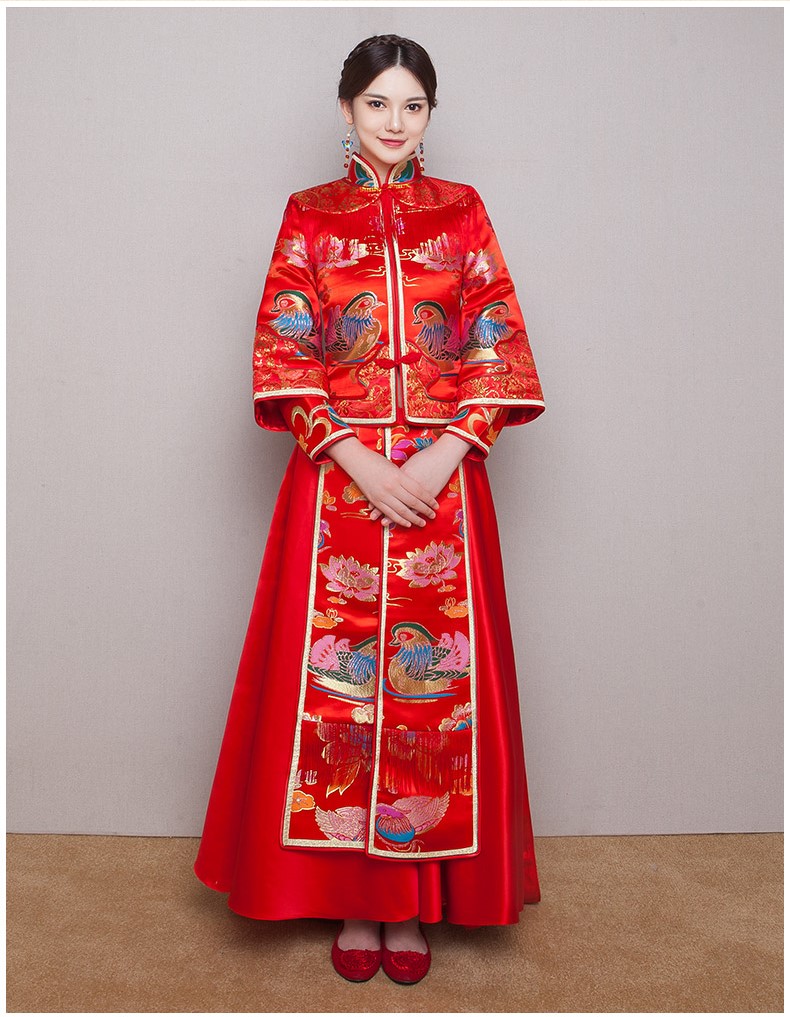 鴛鴦戲水新娘禮服，唯美流蘇中式禮服