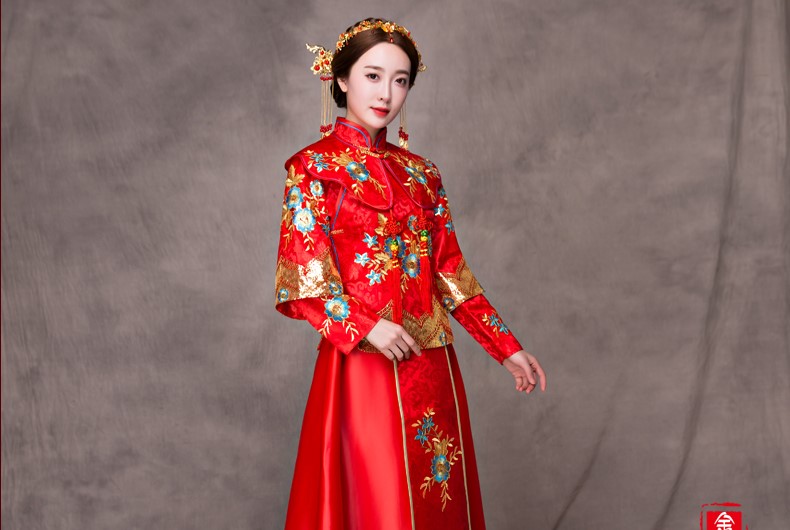 華麗蘭花刺繡新娘禮服，家佳樂(lè)文學(xué)中式禮服