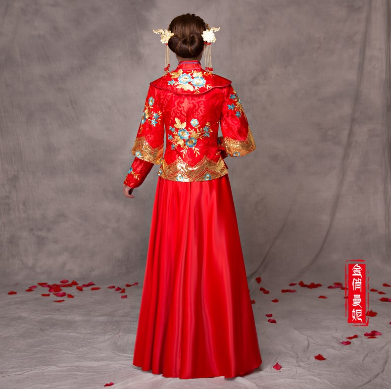 華麗蘭花刺繡新娘禮服，家佳樂(lè)文學(xué)中式禮服