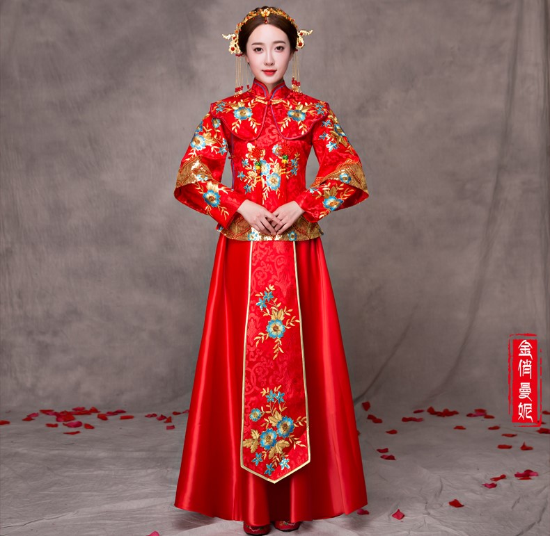 華麗蘭花刺繡新娘禮服，家佳樂(lè)文學(xué)中式禮服