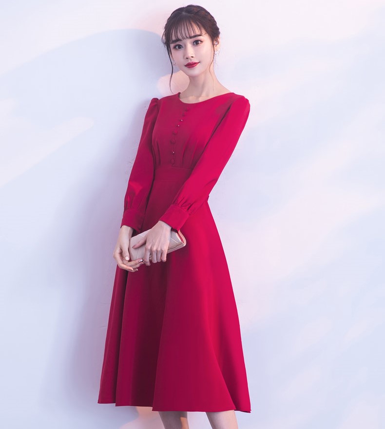 紅色長袖收腰中式禮服，時尚蝴蝶結(jié)晚禮服