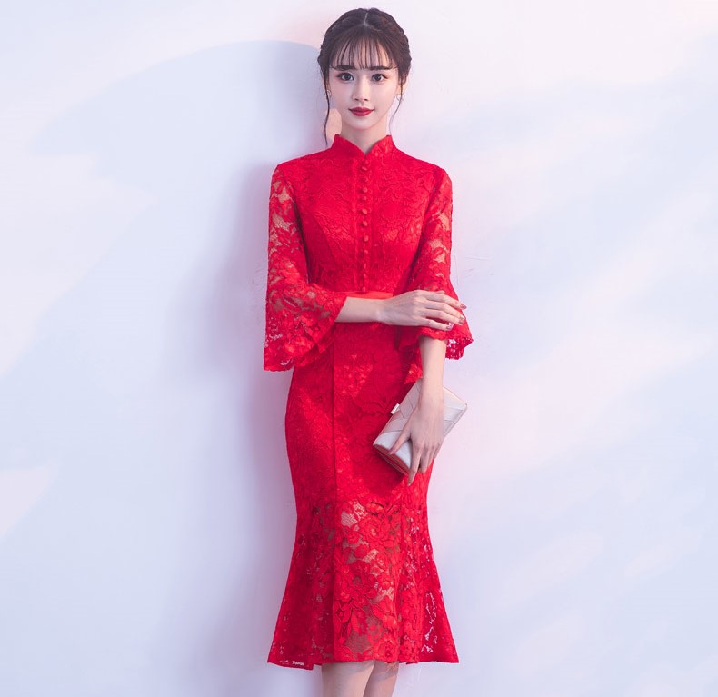 紅色性感蕾絲中式禮服，中式復(fù)古晚禮服