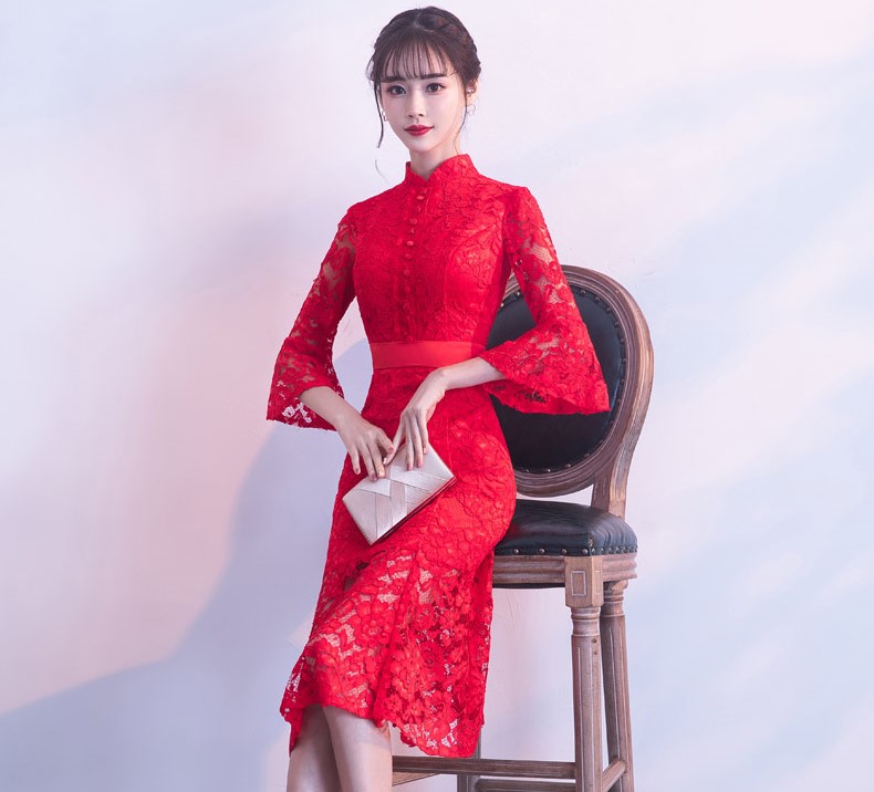 紅色性感蕾絲中式禮服，中式復(fù)古晚禮服