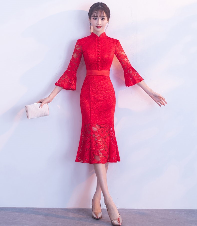 紅色性感蕾絲中式禮服，中式復(fù)古晚禮服