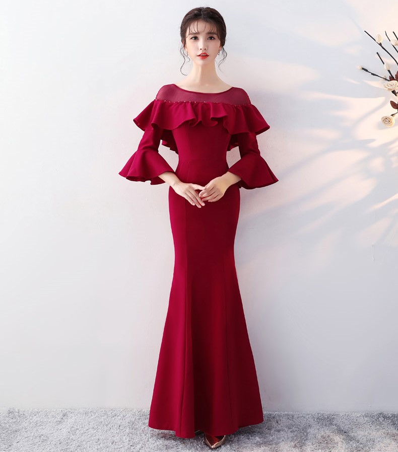 優(yōu)雅喇叭袖中式禮服，時尚魚尾晚禮服