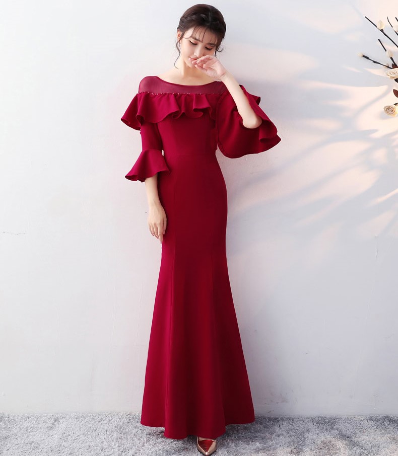 優(yōu)雅喇叭袖中式禮服，時尚魚尾晚禮服