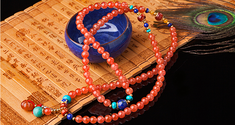 櫻桃紅瑪瑙水晶手鏈，多圈南紅手串