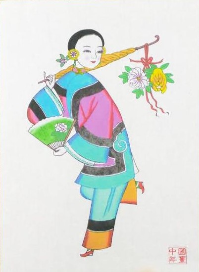 五款民間工藝年畫(huà)，手繪仕女木版年畫(huà)