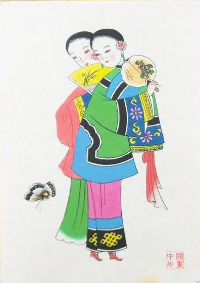 五款民間工藝年畫(huà)，手繪仕女木版年畫(huà)
