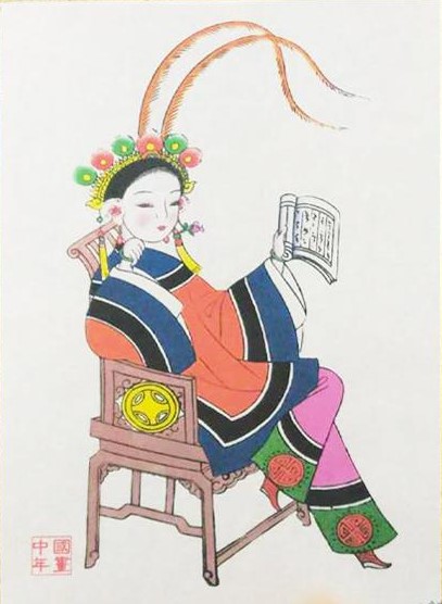 五款民間工藝年畫(huà)，手繪仕女木版年畫(huà)