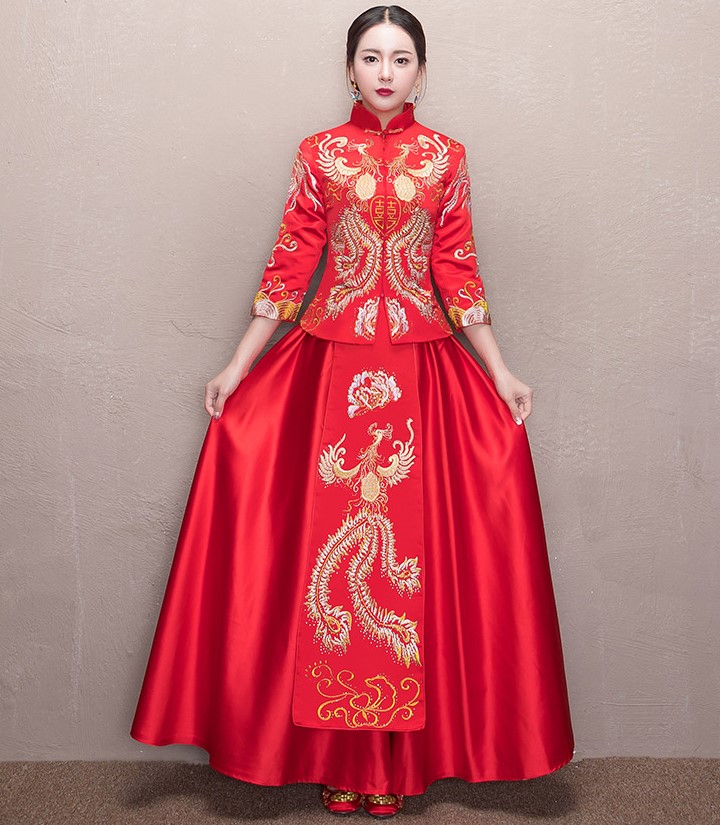 古典家佳樂文學(xué)喜字新娘禮服,鳳凰刺繡中式禮服