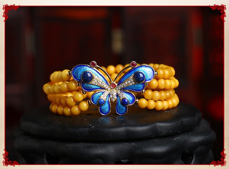 復古燒藍蝴蝶古典優(yōu)雅黃蜜蠟手串