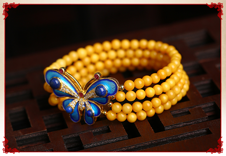 復古燒藍蝴蝶古典優(yōu)雅黃蜜蠟手串