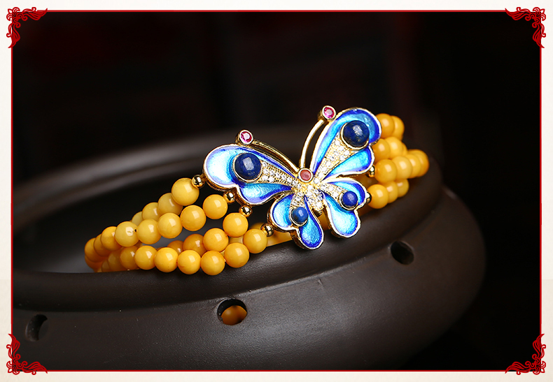 復古燒藍蝴蝶古典優(yōu)雅黃蜜蠟手串