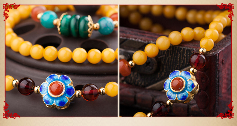 復(fù)古燒藍小花朵古典優(yōu)雅黃蜜蠟手串