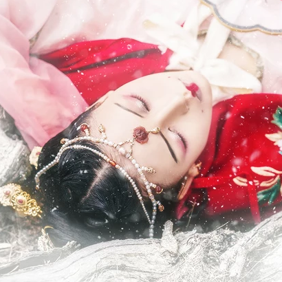 雪花飛舞紅衣女生頭像，唯美古風真人頭像