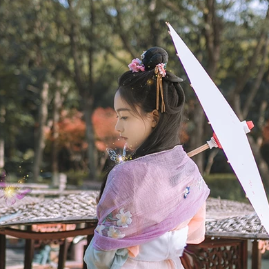 高貴紫衣紅紗帶傘女生頭像，唯美古風真人頭像