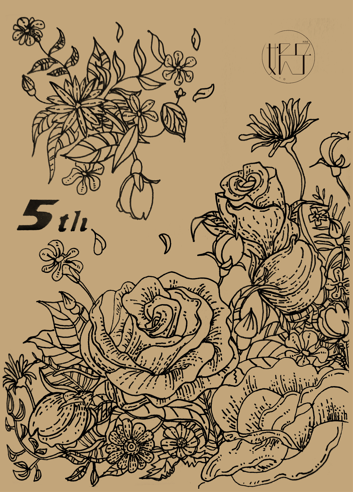 簡約手繪線稿繁花黑白插畫