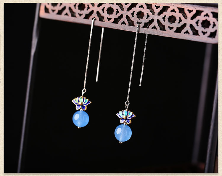 藍色蓮花景泰藍氣質(zhì)耳環(huán)，小清新長款耳墜首飾