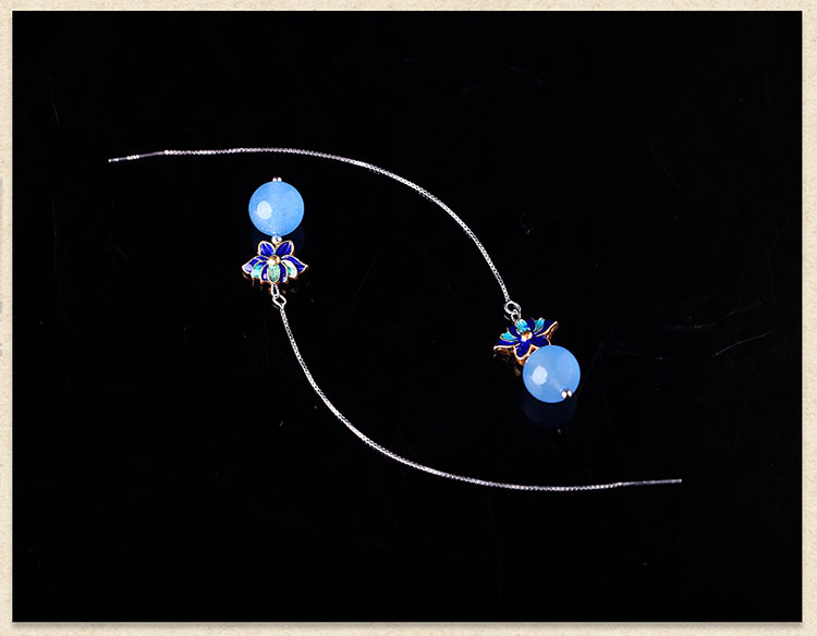 藍色蓮花景泰藍氣質(zhì)耳環(huán)，小清新長款耳墜首飾