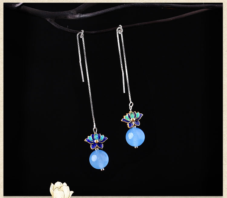 藍色蓮花景泰藍氣質(zhì)耳環(huán)，小清新長款耳墜首飾