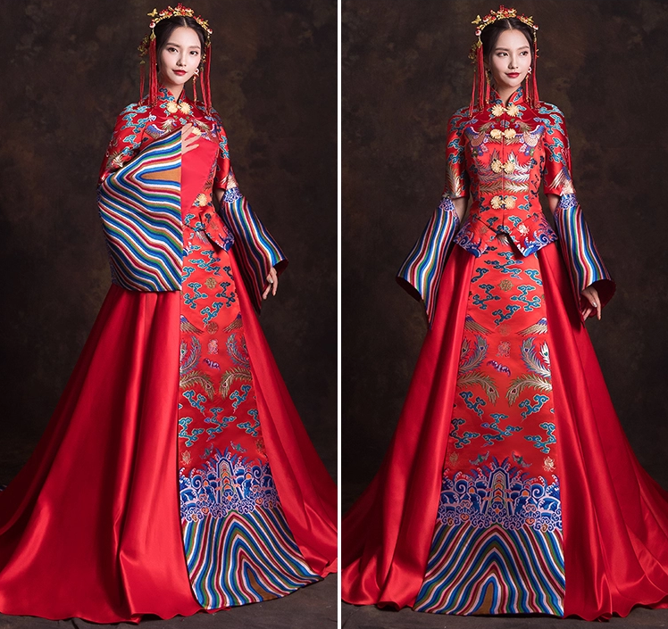 創(chuàng)意袖口新娘結(jié)婚禮服，奢華拖尾中式禮服