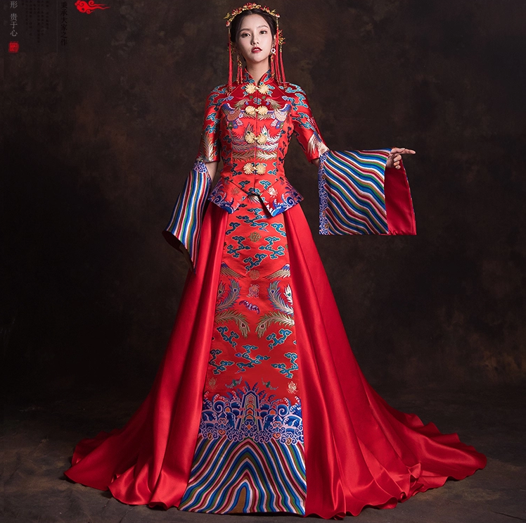 創(chuàng)意袖口新娘結(jié)婚禮服，奢華拖尾中式禮服