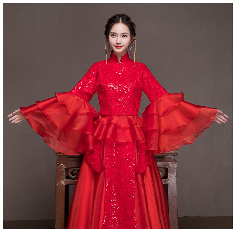 荷葉邊袖新娘結婚禮服，優(yōu)雅網(wǎng)紗蓬松中式禮服