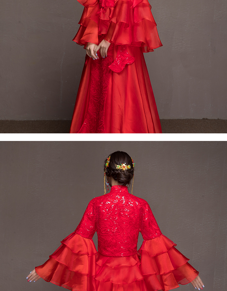 荷葉邊袖新娘結婚禮服，優(yōu)雅網(wǎng)紗蓬松中式禮服