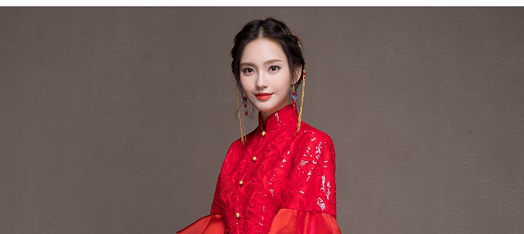 荷葉邊袖新娘結婚禮服，優(yōu)雅網(wǎng)紗蓬松中式禮服