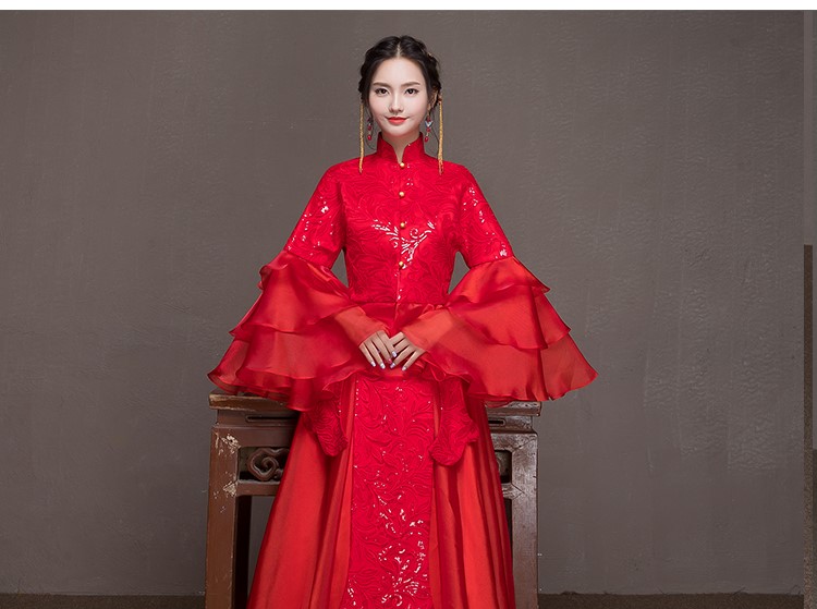 荷葉邊袖新娘結婚禮服，優(yōu)雅網(wǎng)紗蓬松中式禮服