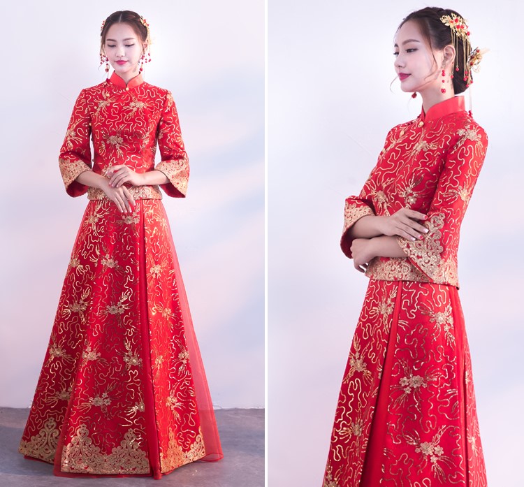 金色蕾絲花朵新娘禮服，唯美秀禾中式禮服