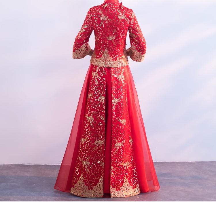 金色蕾絲花朵新娘禮服，唯美秀禾中式禮服