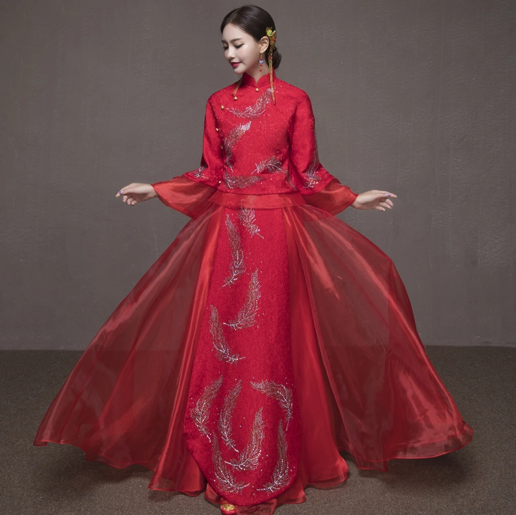 羽毛圖案新娘結(jié)婚禮服，簡約大氣中式禮服