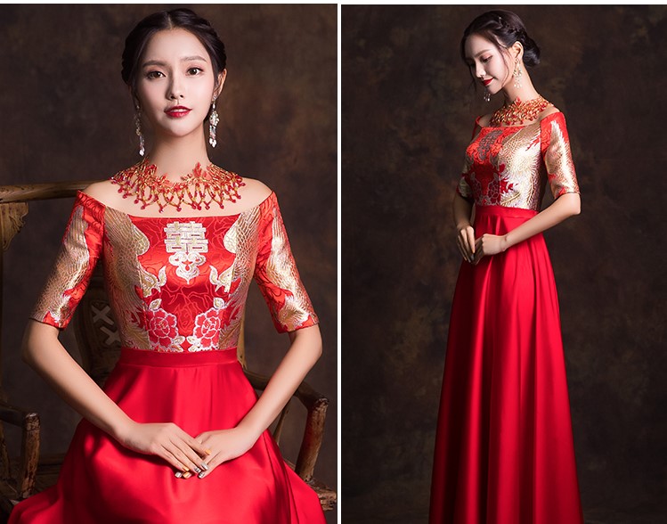 一字肩新娘結(jié)婚禮服，唯美流蘇中式禮服