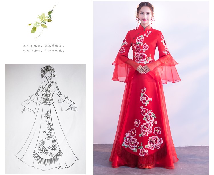 荷葉袖中式禮服，唯美牡丹花新娘禮服