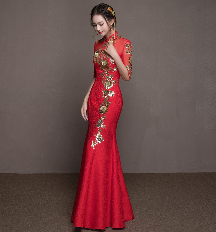 金枝玉葉中式禮服，魚尾牡丹花晚禮服