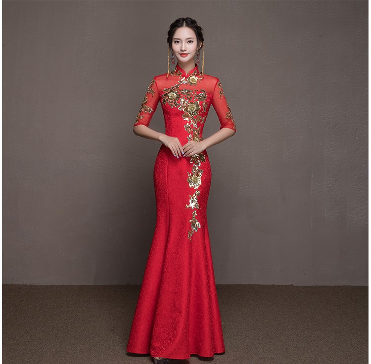 金枝玉葉中式禮服，魚尾牡丹花晚禮服