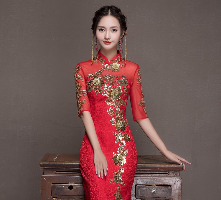 金枝玉葉中式禮服，魚尾牡丹花晚禮服