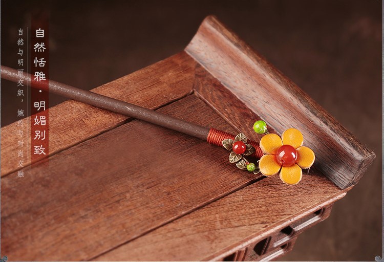 亮黃色花朵發(fā)簪，古風(fēng)古風(fēng)盤發(fā)木簪子頭飾