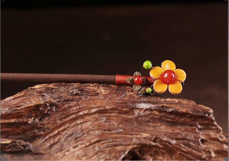 亮黃色花朵發(fā)簪，古風(fēng)古風(fēng)盤發(fā)木簪子頭飾