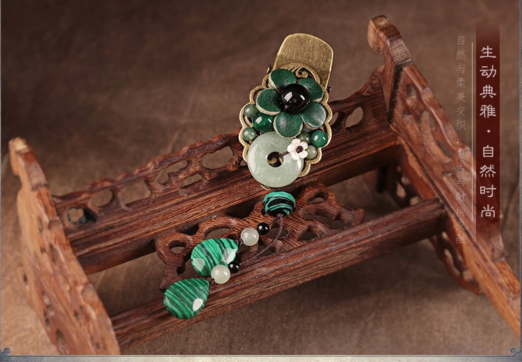 碧水花涵綠色鴨嘴夾，牛皮花朵發(fā)夾頭飾