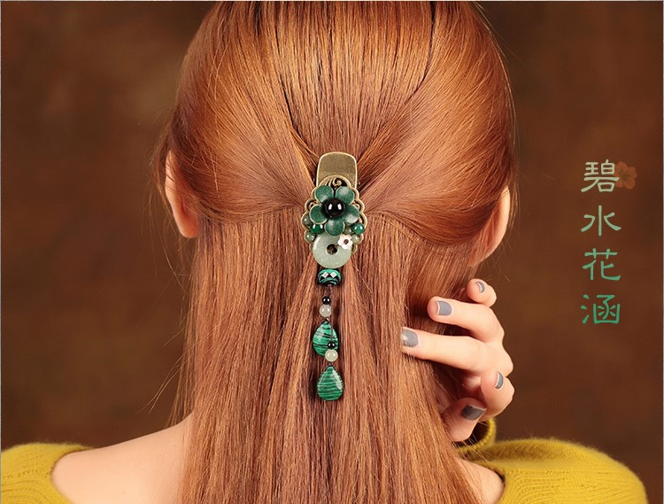碧水花涵綠色鴨嘴夾，牛皮花朵發(fā)夾頭飾
