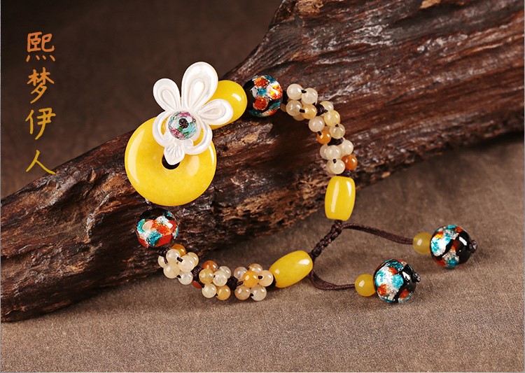 黃玉平安扣復古琉璃貝殼花小清新古風手串