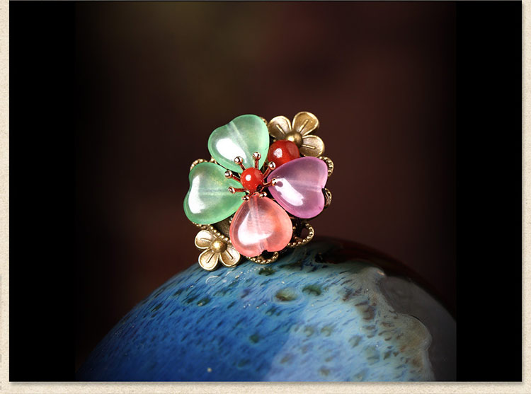 時尚幸運彩玉四葉草開口戒指飾品