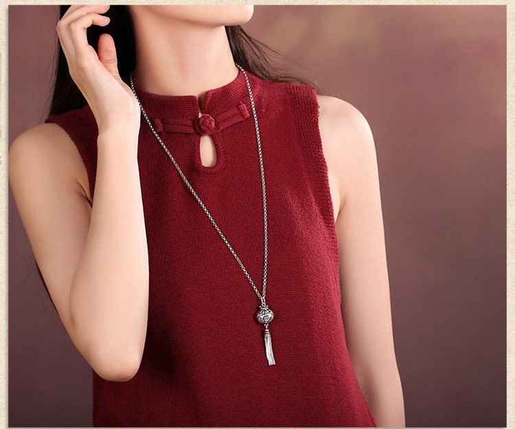 文藝復(fù)古純銀銀福袋流蘇吊墜毛衣鏈項鏈