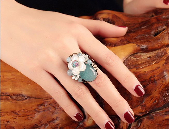 復(fù)古小清新貝殼花開(kāi)口戒指首飾