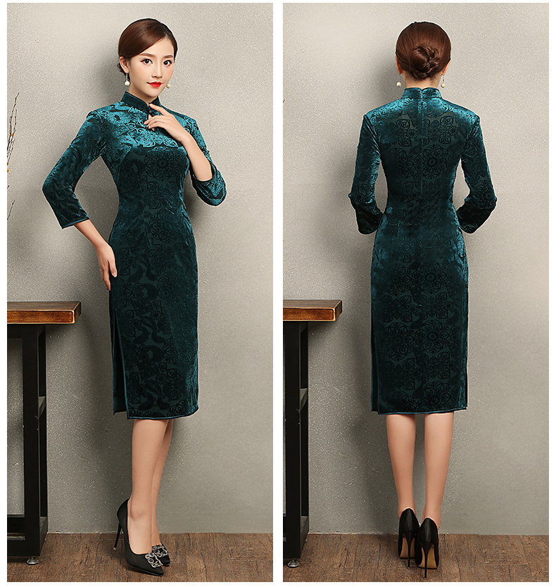墨綠貴春旗袍，復(fù)古絲絨燒花旗袍裙